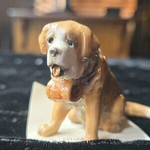 Vintage Retired Hagen Renaker St. Bernard Porcelain Dog Figurine with Barrel